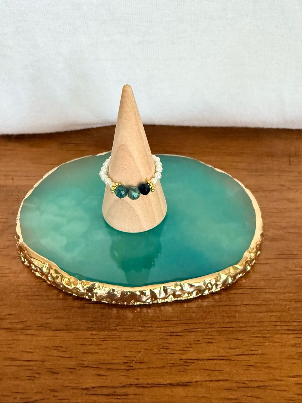 1 for $6 or 3 for $14! Beaded Pearl Ring with Green Gem Accents